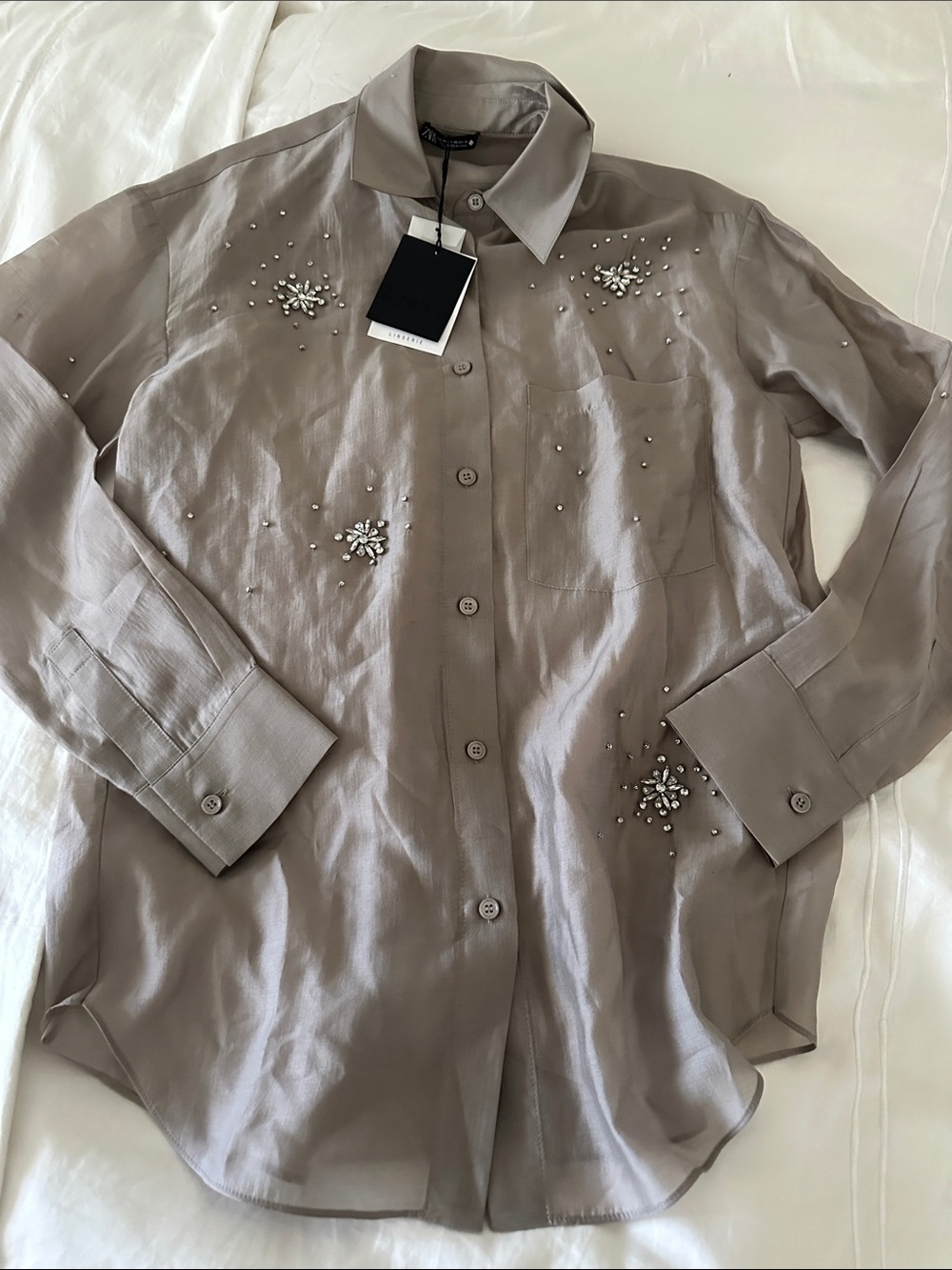 Zara Taupe Embellished Pearl Button-Up Blouse